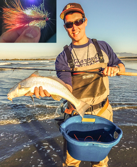 a nice spring caught corbina this past sunday morning by southbay angler, Schuylar Mann on a small orange perch fly. Photo courtesy of  Schuylar Mann 