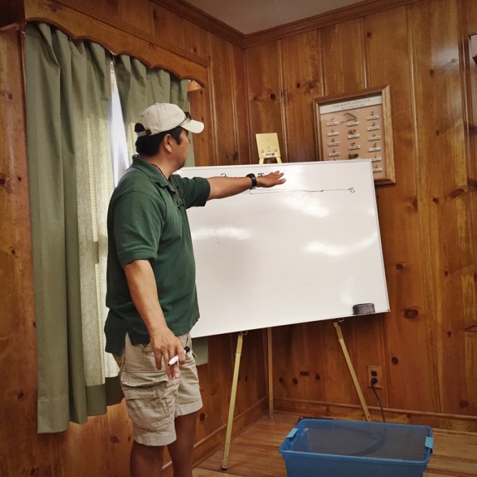 Bob Middo demonstrating the dynamics of a shooting head. Photo by Al Q