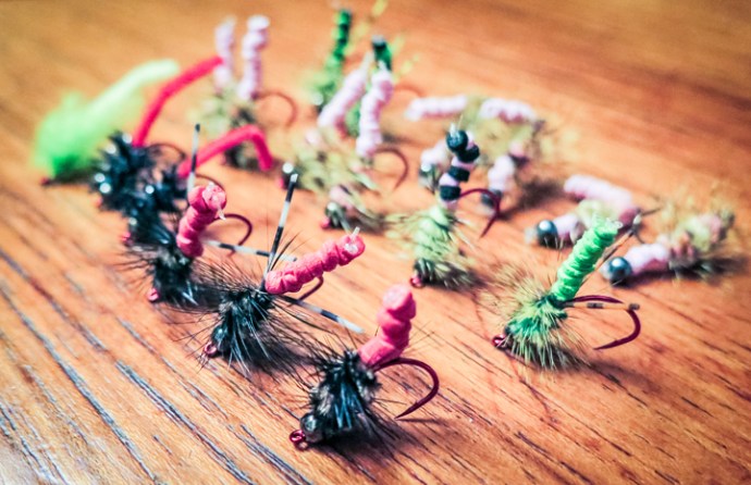 any fly that rides hook up and has some weight deepening on the flow of water will work. If the water is deeper that two feet add a small split shot. Photo by Al Q