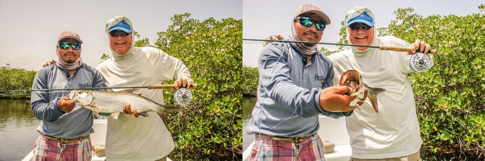 Local angler and fishing buddy, John Whitaker lands a nice baby tarpon on one of my new Pinched Crab prototypes a few weeks ago in the southern Yucatan. 