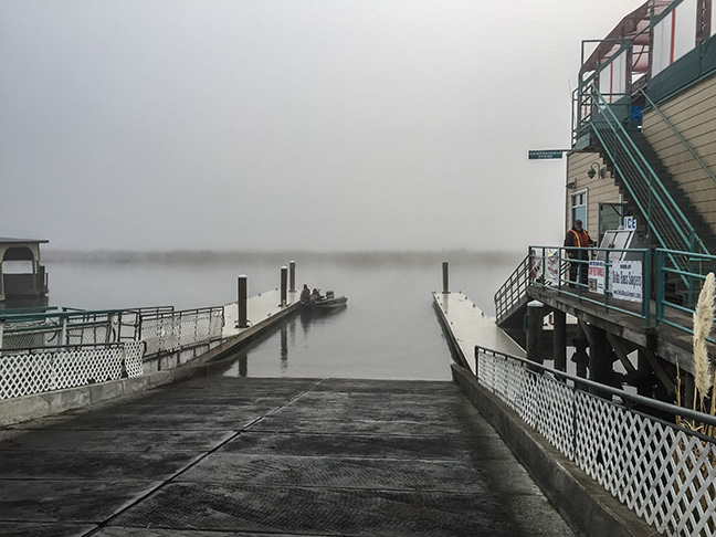 the launch at Sugar Barge, fogged in. Photo by Al Q